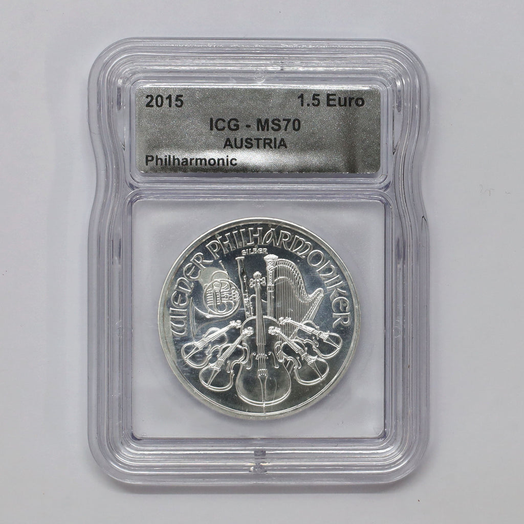 Austria 2015 1 1/2 Euro Vienna Philharmonic 1oz. .999 Silver ICG Certified MS70 (No Tax)