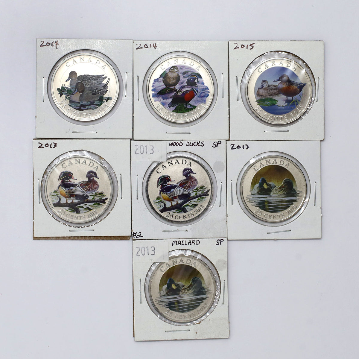 Lot of 7x 2013-2015 25-cent Ducks of Canada Coloured Coins, 7pcs (coins only)
