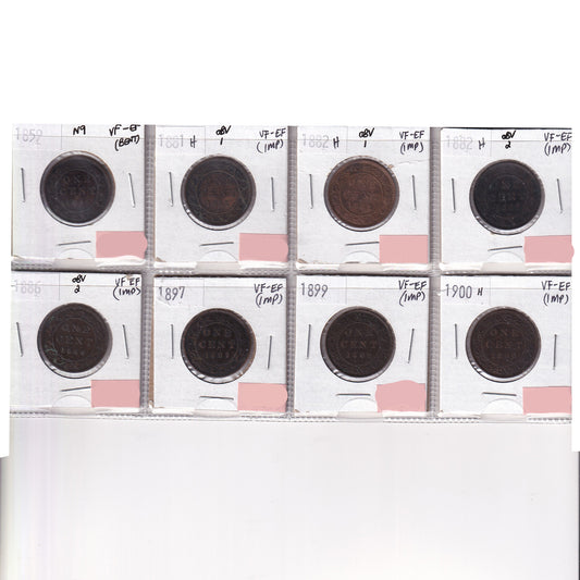 Group Lot of 8x 1859-1900 Canada 1-cents, All VF-EF, 8pcs