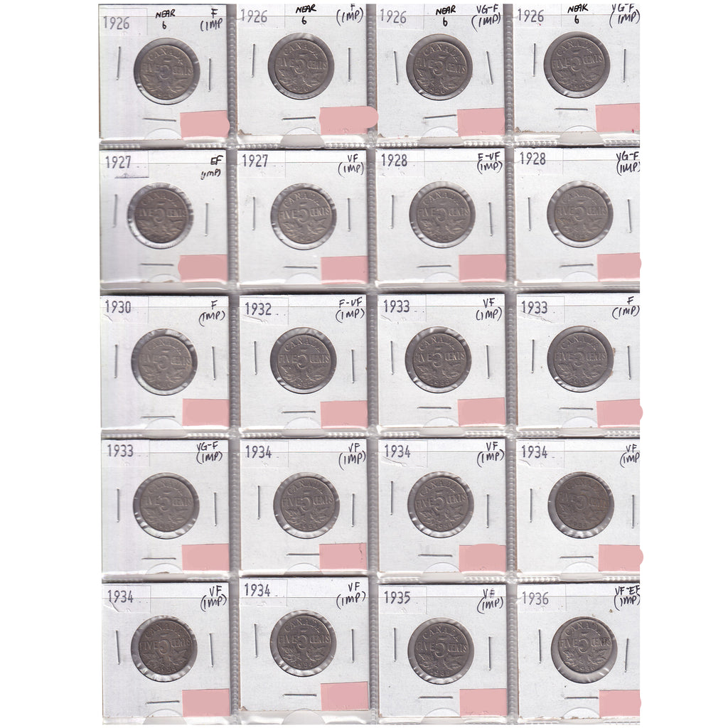 Group Lot of 20x 1926-1936 Canada 5-cents VG-F to VF-EF, 20pcs