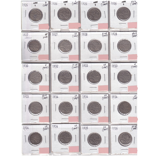 Group Lot of 20x 1926-1936 Canada 5-cents VG-F to VF-EF, 20pcs