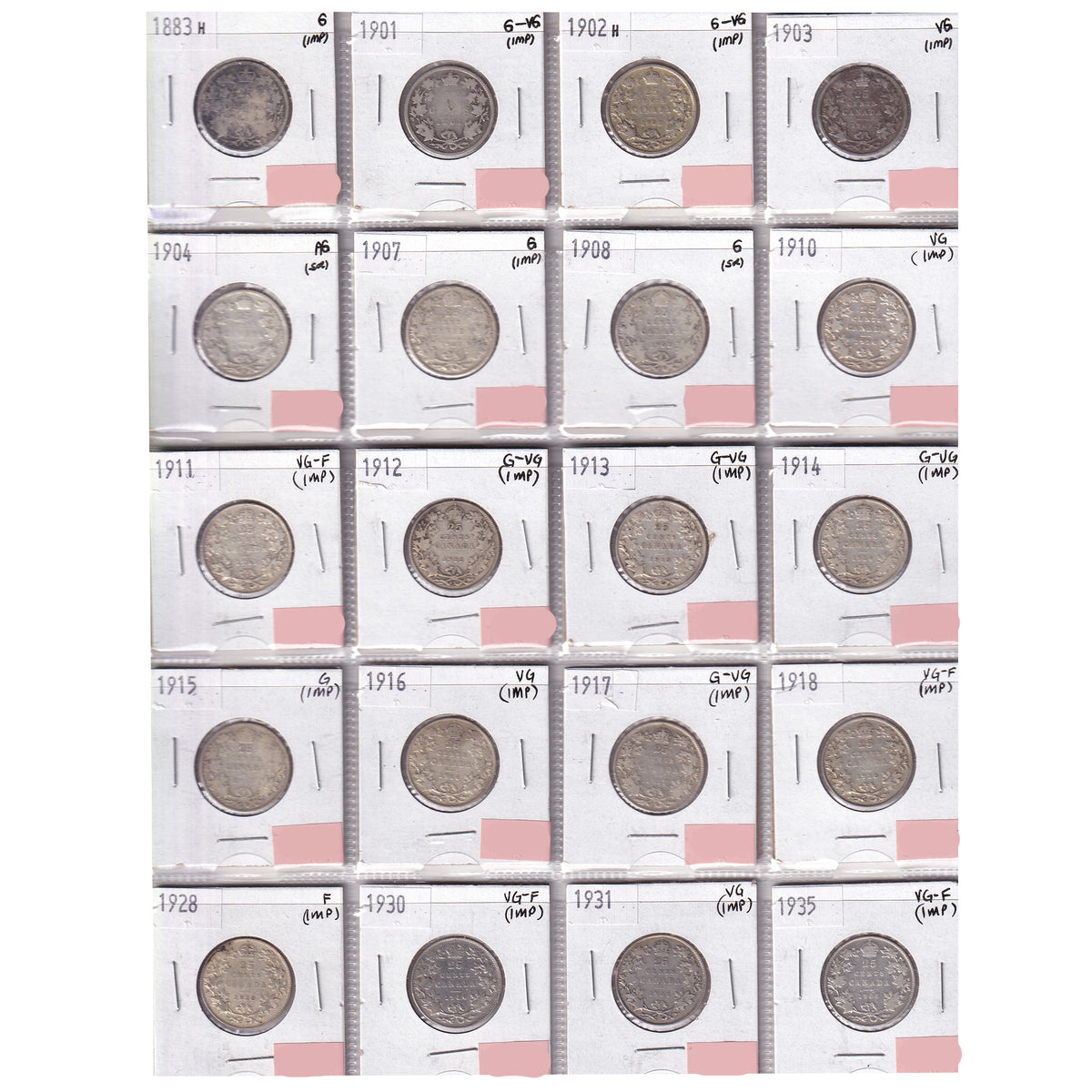 Group Lot of 20x 1883-1935 Canada 25-cents, About Good to VG-F, 20pcs