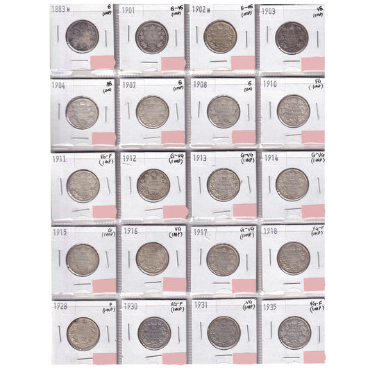 Group Lot of 20x 1883-1935 Canada 25-cents, About Good to VG-F, 20pcs