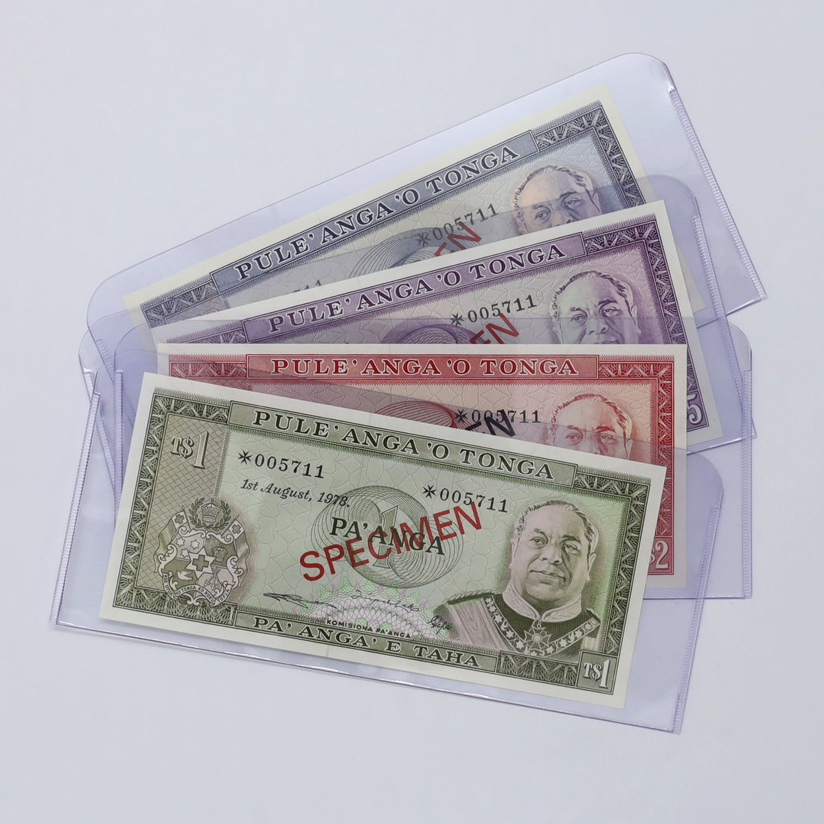 Lot of 4x Tonga 1978 Banknotes from Specimen Set w/COA, 4pcs