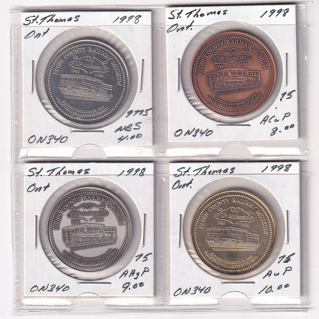 Lot of 4x 1998 St. Thomas, ON, Elgin County Railway Museum 10th Ann. $2 Tokens, 4pcs