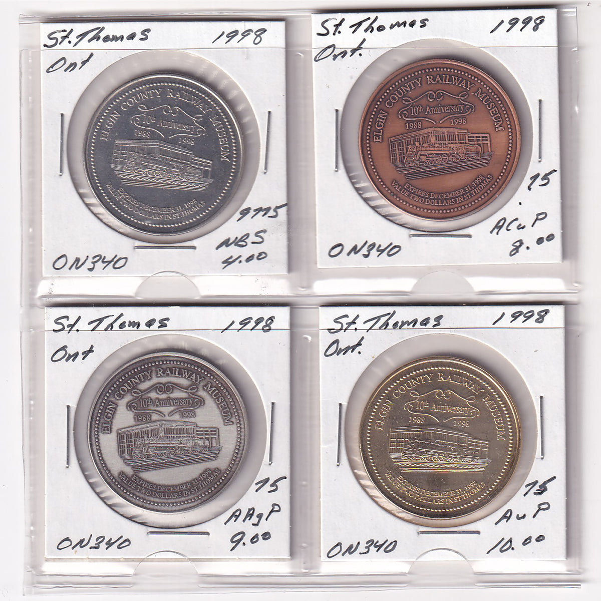 Lot of 4x 1998 St. Thomas, ON, Elgin County Railway Museum 10th Ann. $2 Tokens, 4pcs