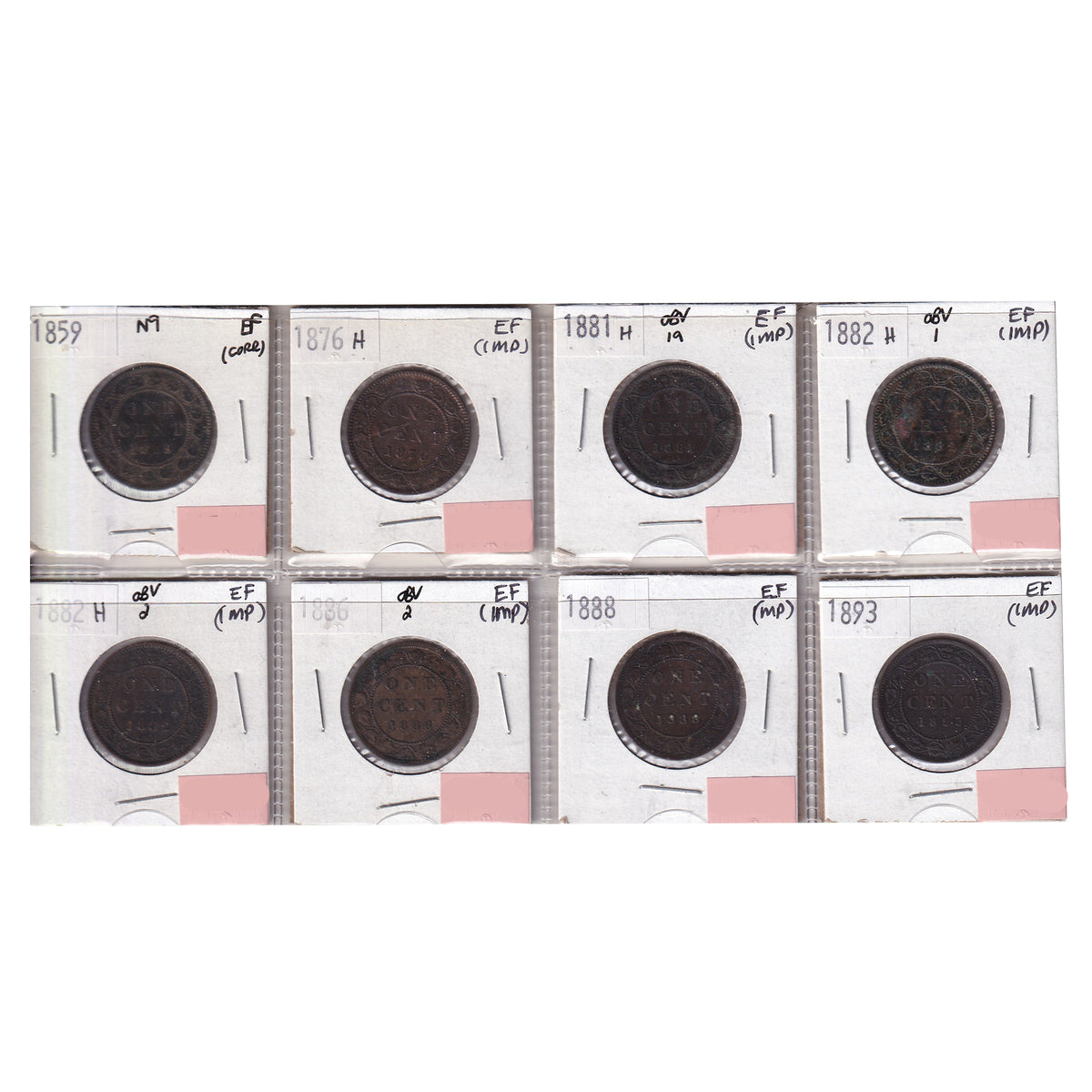 Group Lot of 8x 1859-1893 Canada 1-cents, All Extra Fine, 8pcs