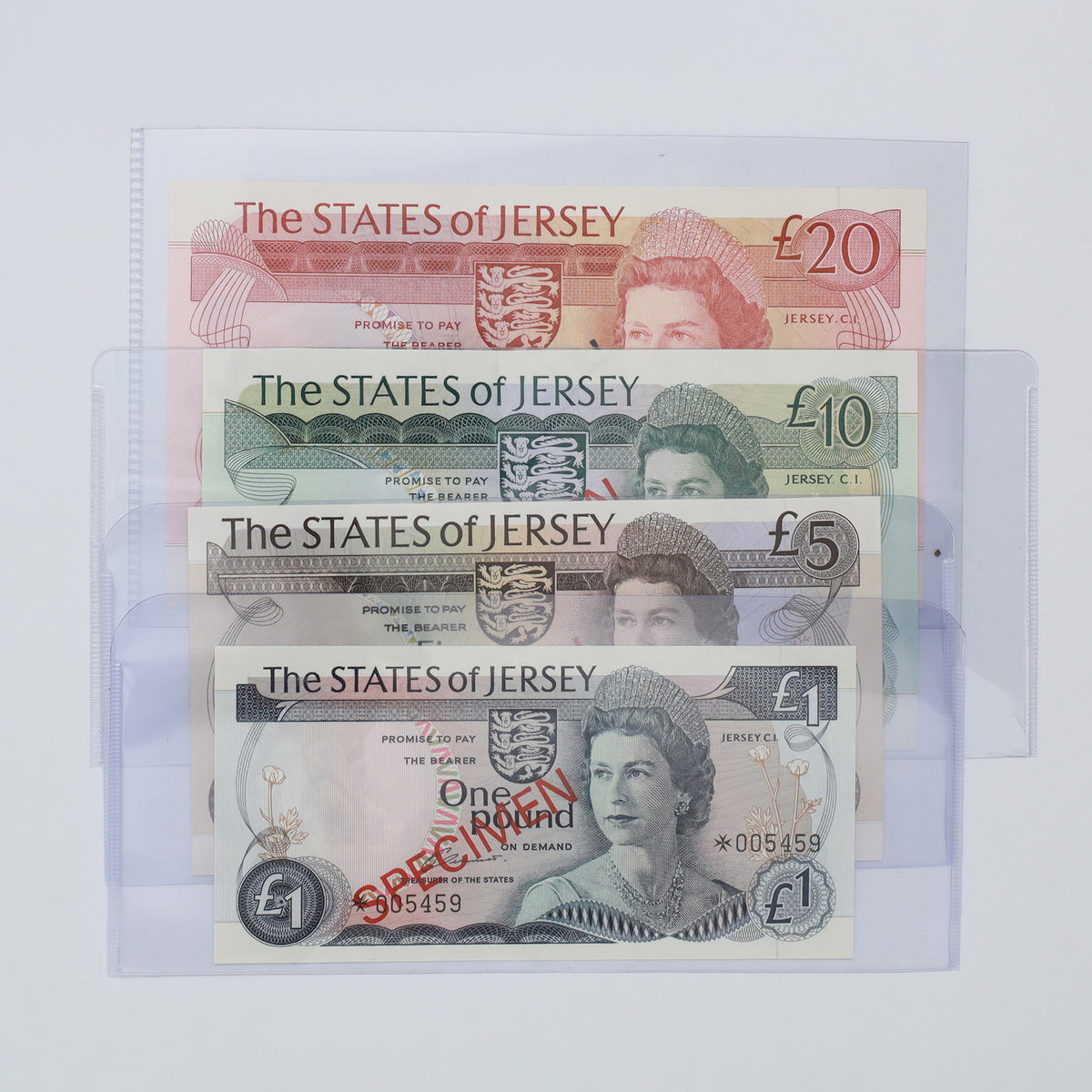 Lot of 4x States of Jersey 1978 Banknotes from Specimen Set w/COA, 4pcs