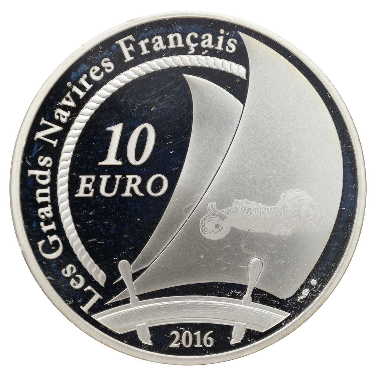 France 2016 10 Euro Grands Navires Francais Belem .900 Silver Coin (light wear)