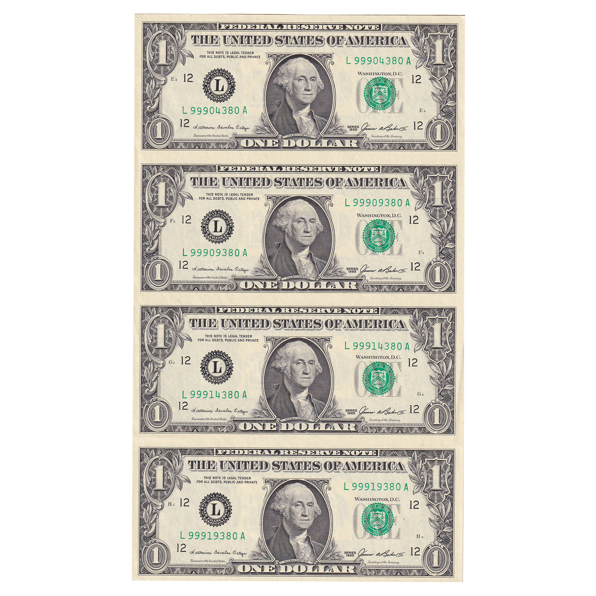 1985 USA $1 Uncut Sheet of 4 Notes in Folder (light wear)