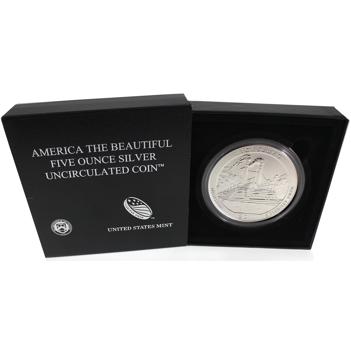 2011 P USA Vicksburg, MS, 25ct 5oz Fine Silver Coin in Box (No Tax) Light wear on box