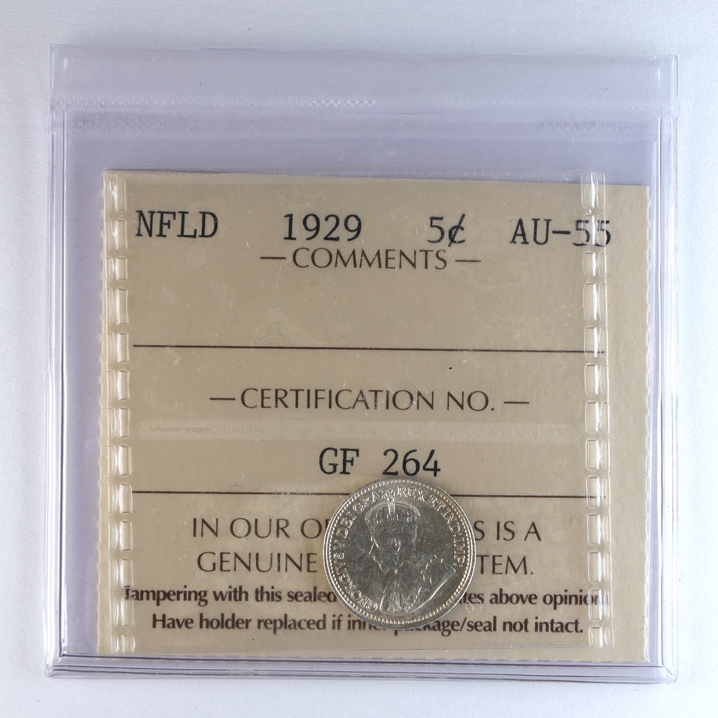 1929 Newfoundland 5-cents ICCS Certified AU55