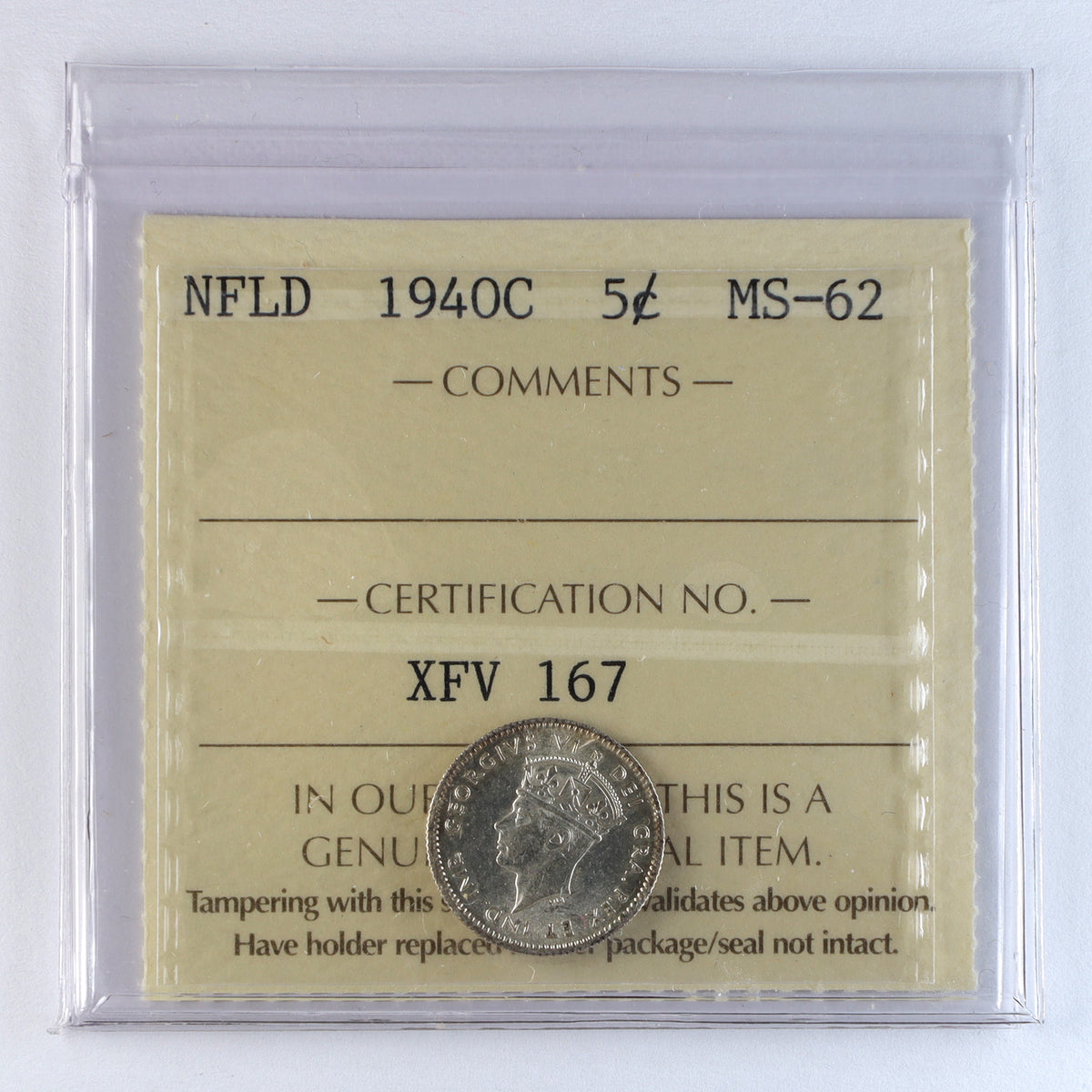 1940C Newfoundland 5-cents ICCS Certified MS62