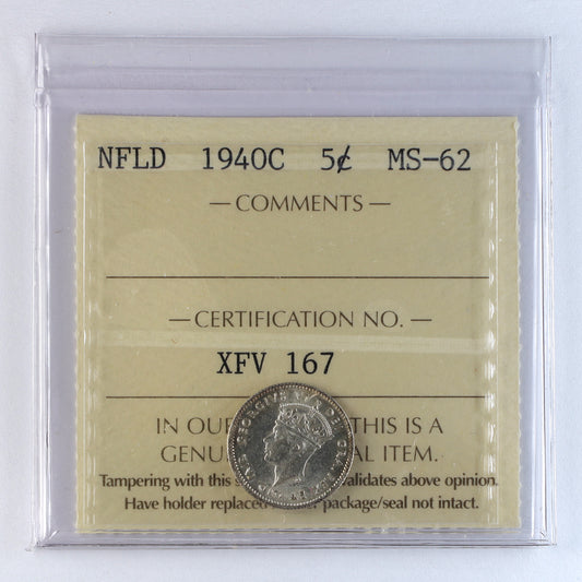 1940C Newfoundland 5-cents ICCS Certified MS62