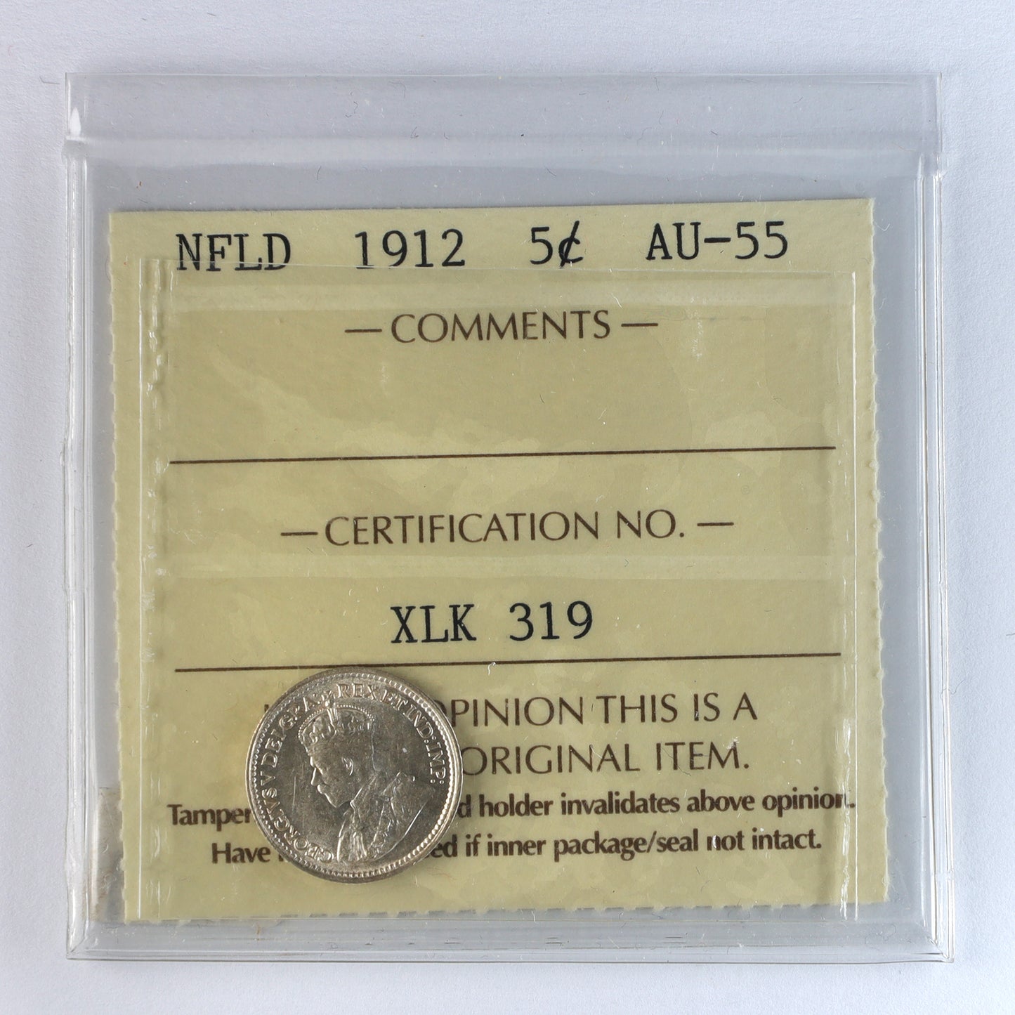 1912 Newfoundland 5-cents ICCS Certified AU55