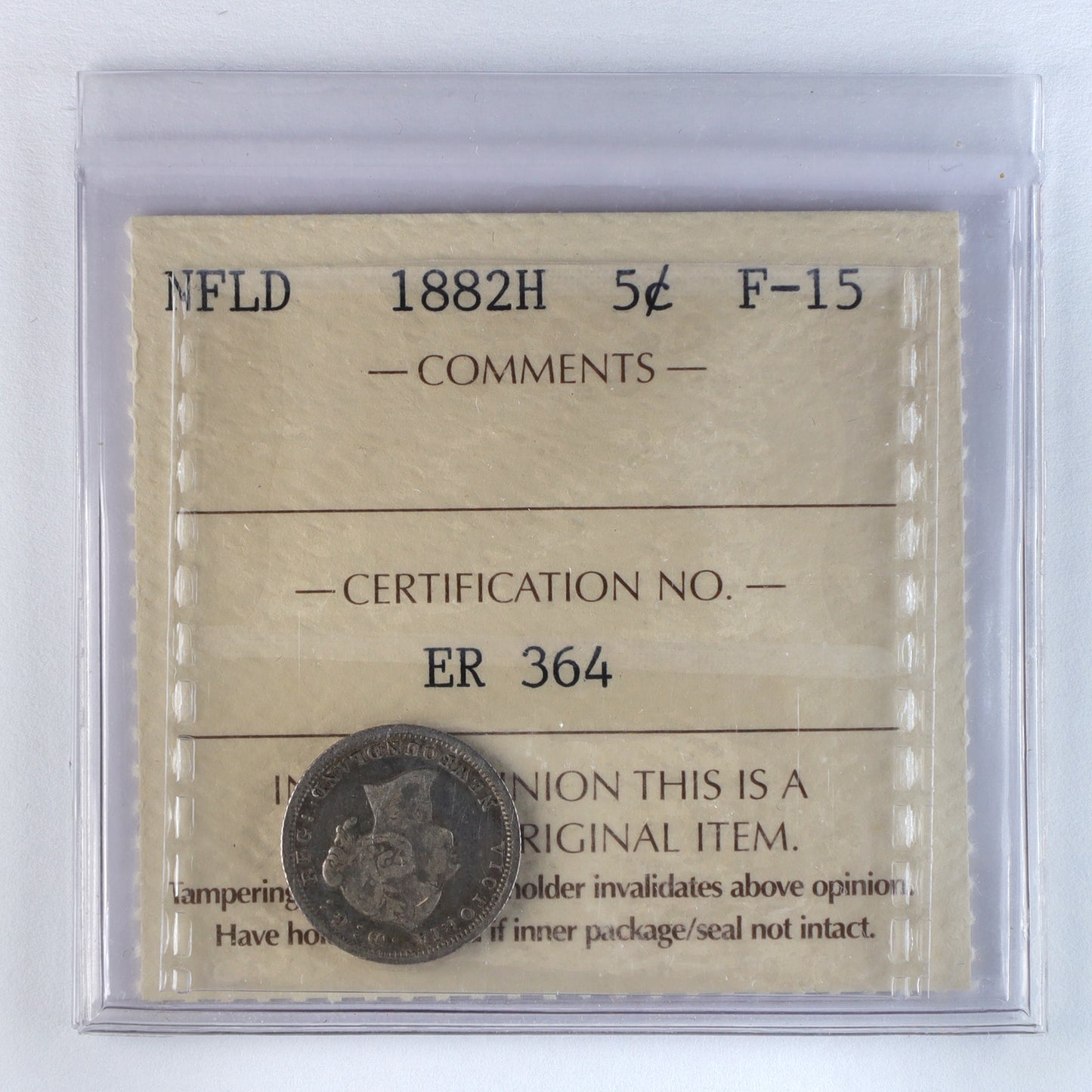 1882H Newfoundland 5-cents ICCS Certified F15