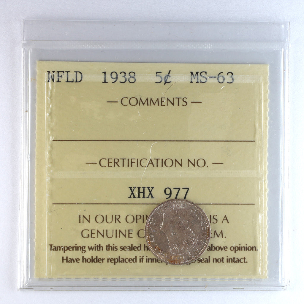 1938 Newfoundland 5-cents ICCS Certified MS63 (XHX 977)