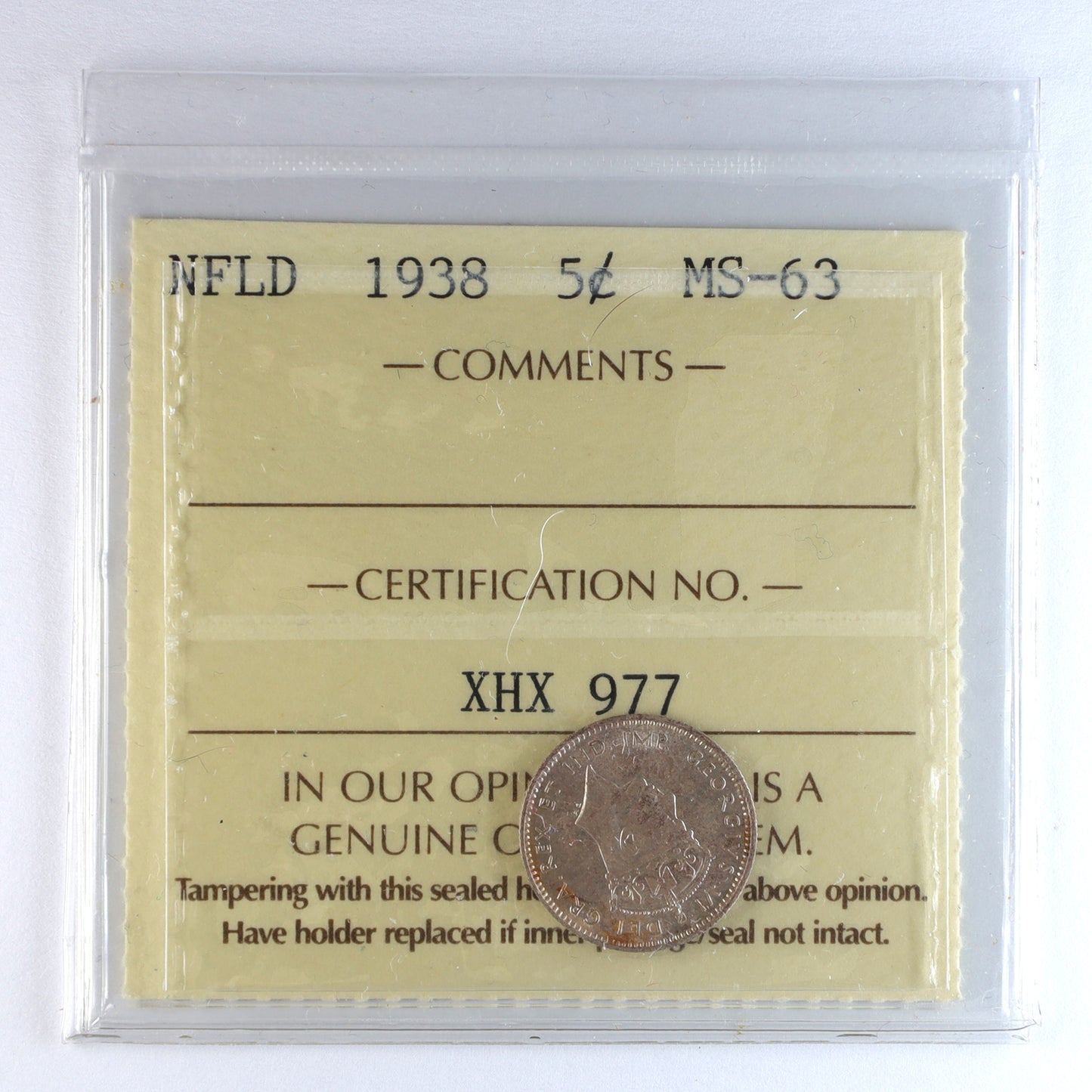 1938 Newfoundland 5-cents ICCS Certified MS63 (XHX 977)