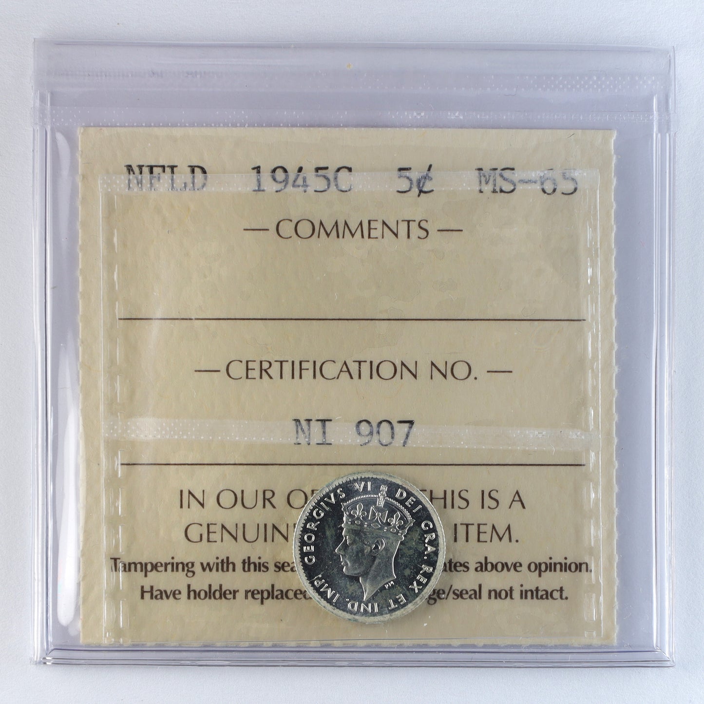 1945C Newfoundland 5-cents ICCS Certified MS65 (NI 907)