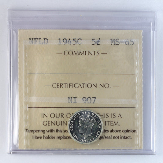 1945C Newfoundland 5-cents ICCS Certified MS65 (NI 907)