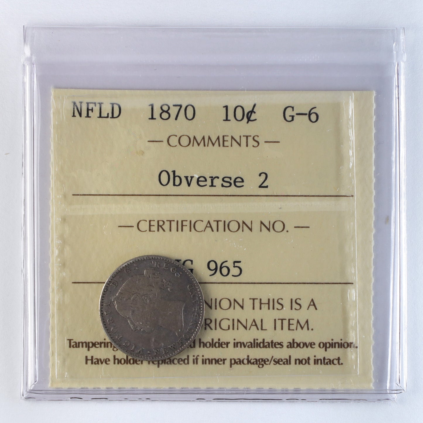 1870 Obv. 2 Newfoundland 10-cents ICCS Certified G6
