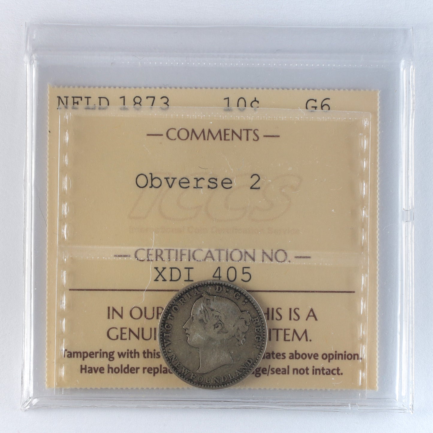 1873 Obv. 2 Newfoundland 10-cents ICCS Certified G6