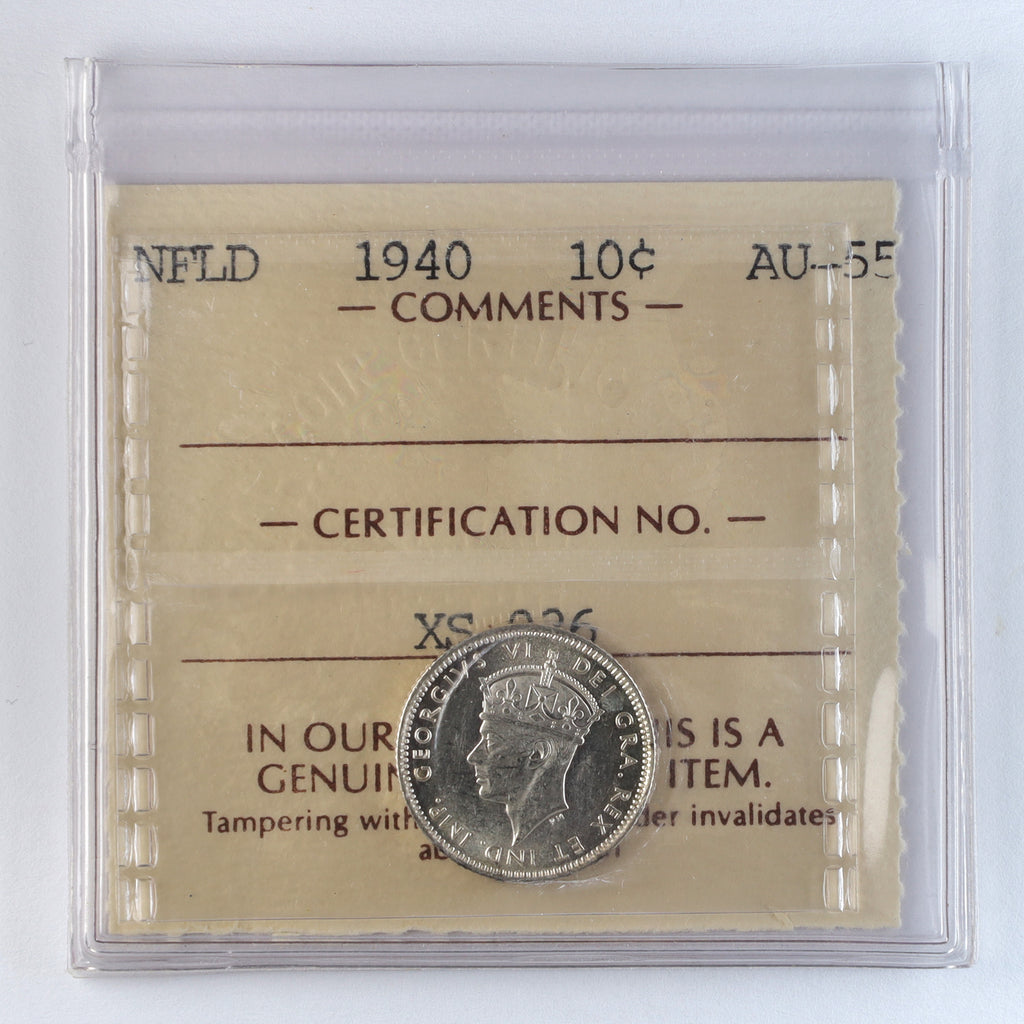 1940 Newfoundland 10-cents ICCS Certified AU55