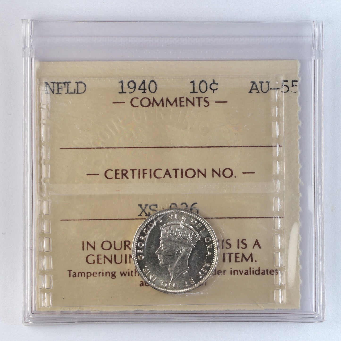 1940 Newfoundland 10-cents ICCS Certified AU55
