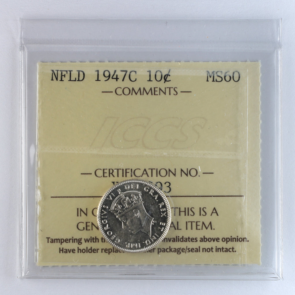 1947C Newfoundland 10-cents ICCS Certified MS60