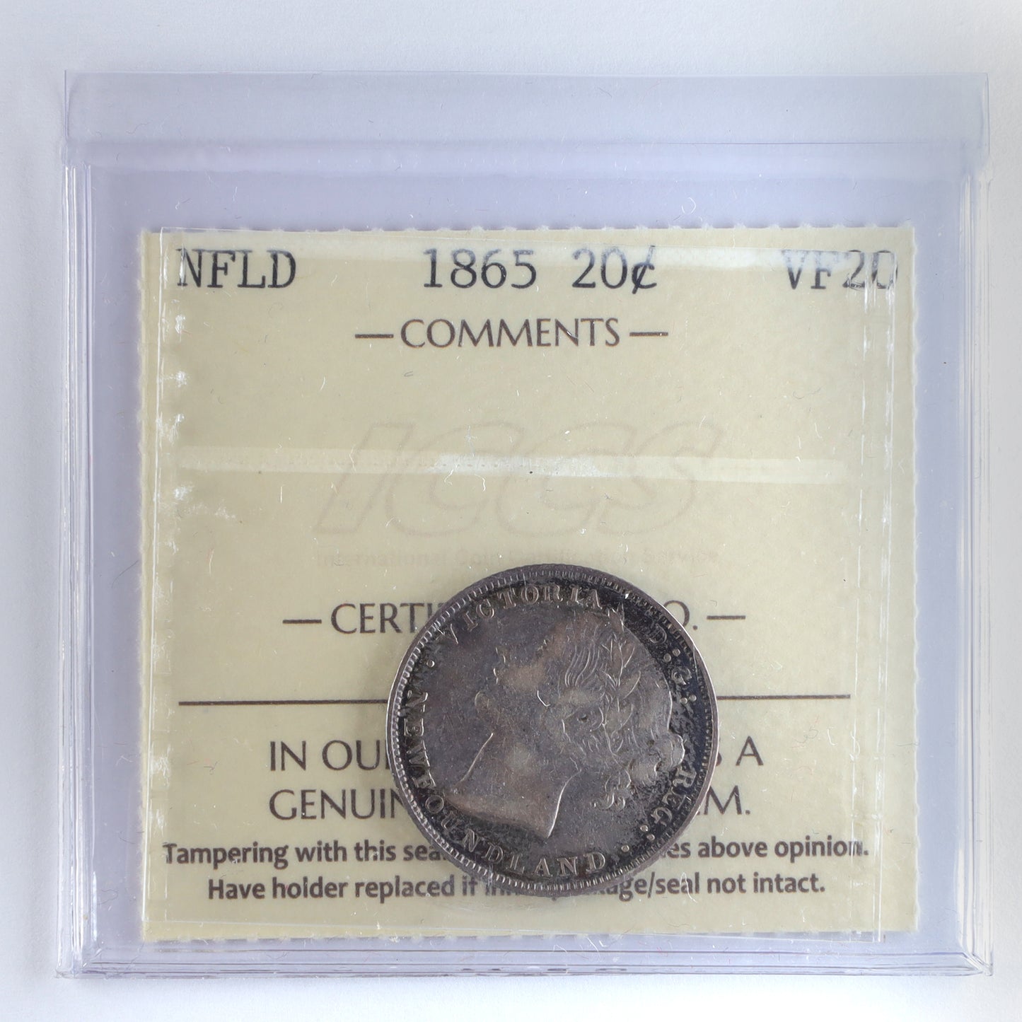 1865 Newfoundland 20-cents ICCS Certified VF20