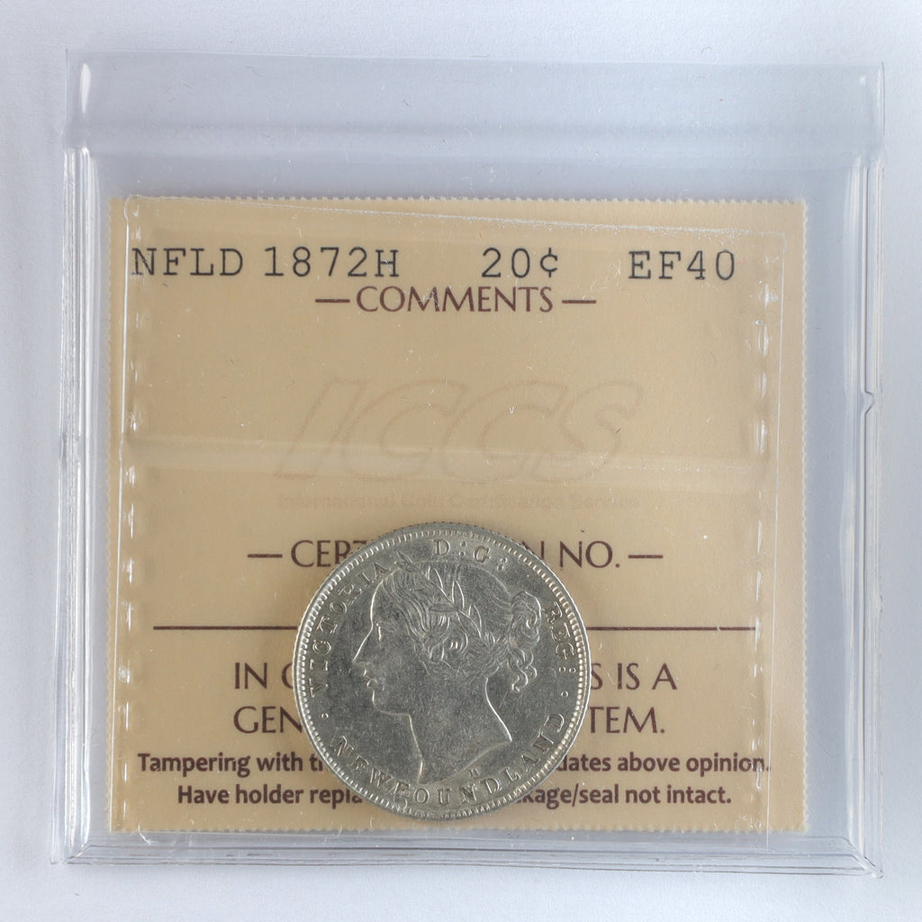 1872H Newfoundland 20-cents ICCS Certified EF40