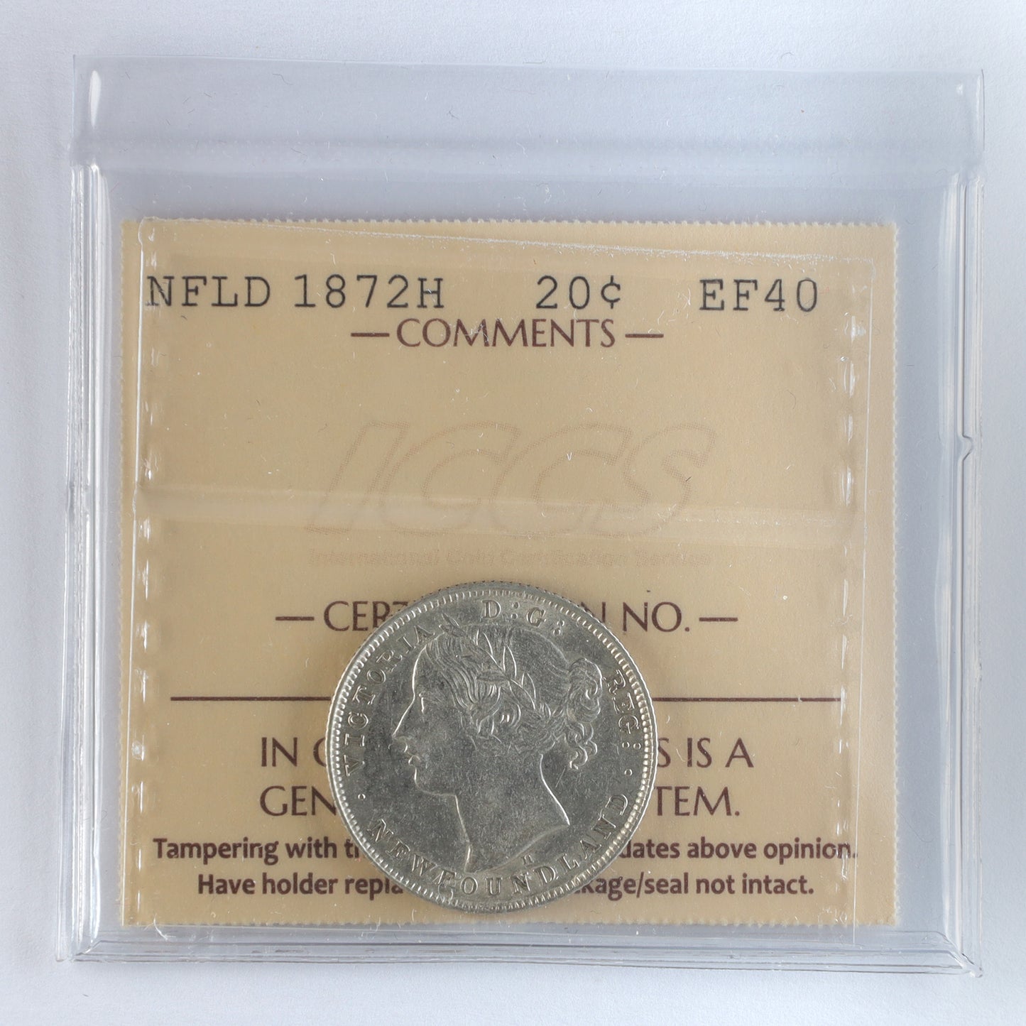 1872H Newfoundland 20-cents ICCS Certified EF40