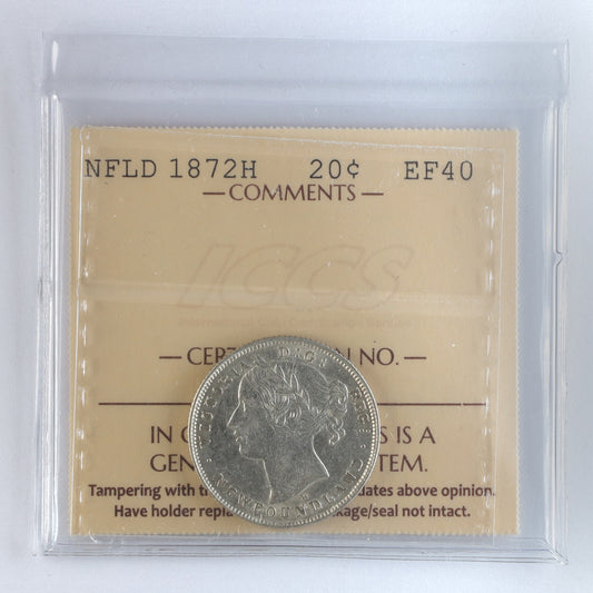 1872H Newfoundland 20-cents ICCS Certified EF40