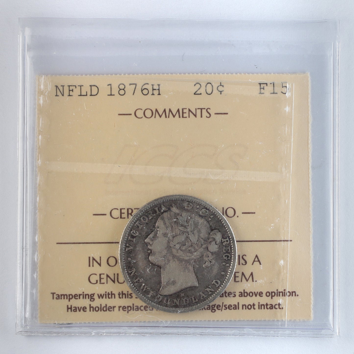 1876H Newfoundland 20-cents ICCS Certified F15