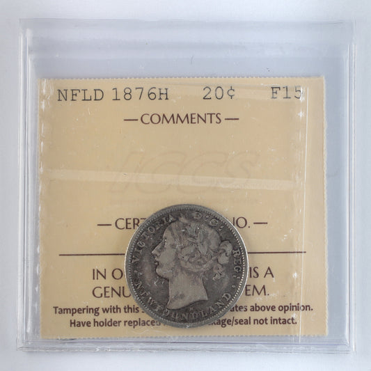 1876H Newfoundland 20-cents ICCS Certified F15