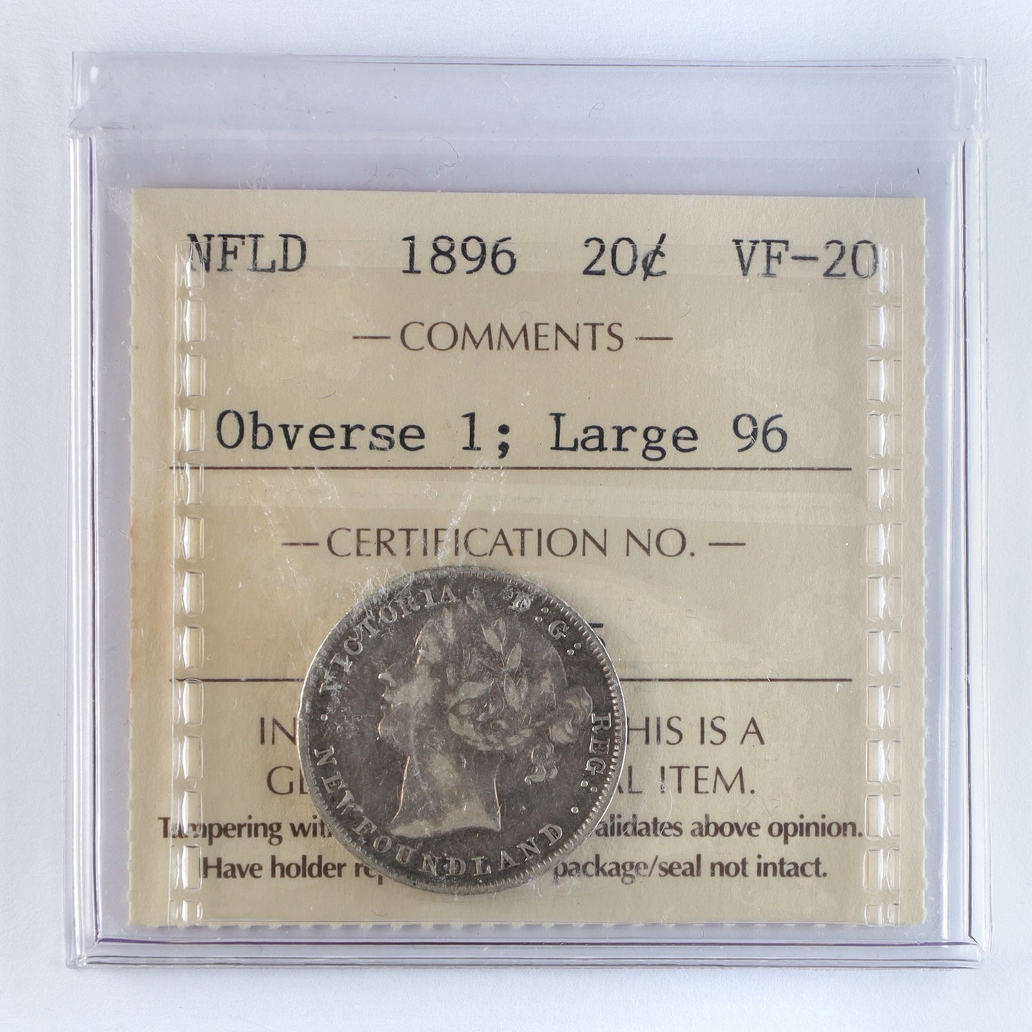 1896 Obv. 1, Large 96 Newfoundland 20-cents ICCS Certified VF20
