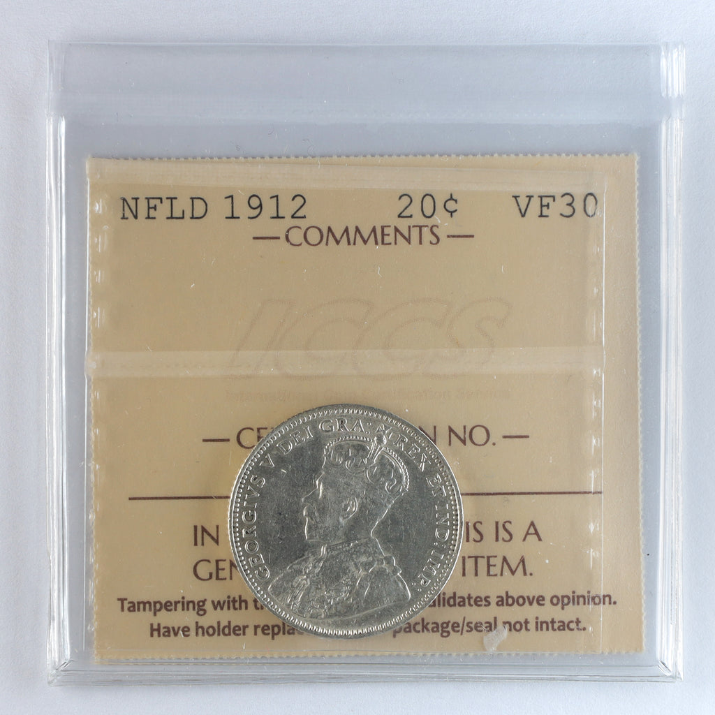 1912 Newfoundland 20-cents ICCS Certified VF30