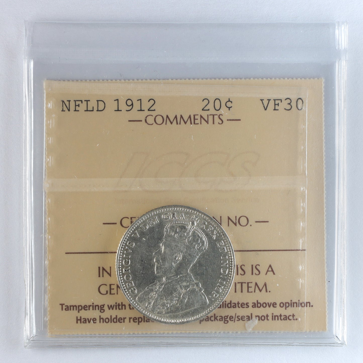 1912 Newfoundland 20-cents ICCS Certified VF30