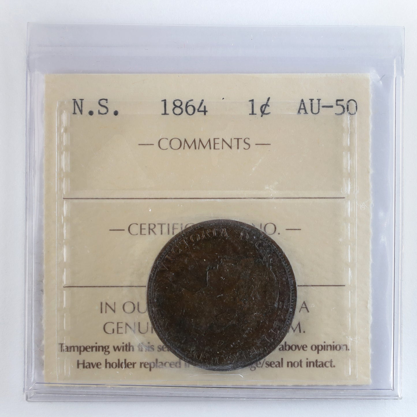 1864 Nova Scotia 1-cent ICCS Certified AU50