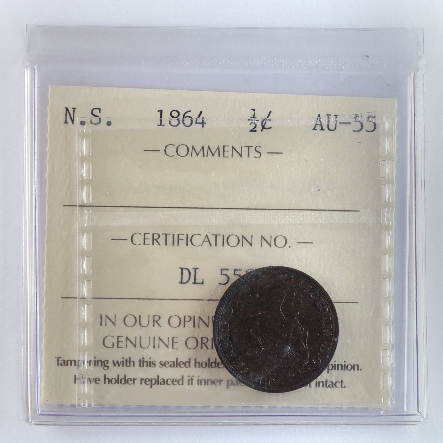 1864 Nova Scotia 1/2 cent ICCS Certified AU55