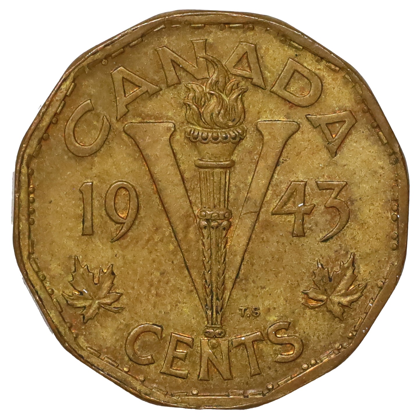 ERROR 1943 Tombac Canada 5-cents Extra Fine (EF40) Die Breaks