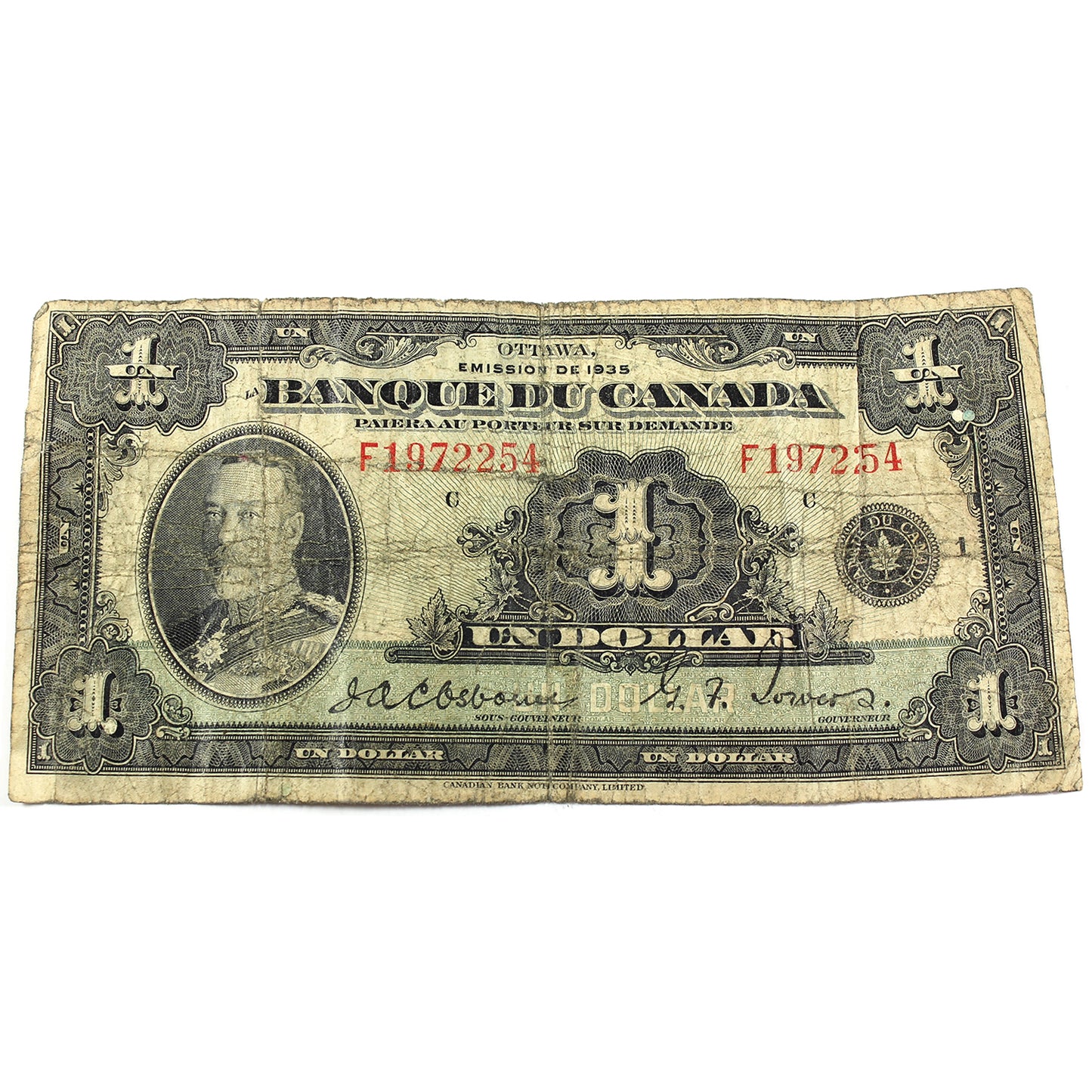 BC-2 1935 Banque Du Canada, $1 French Note, VG (VG8) Damaged