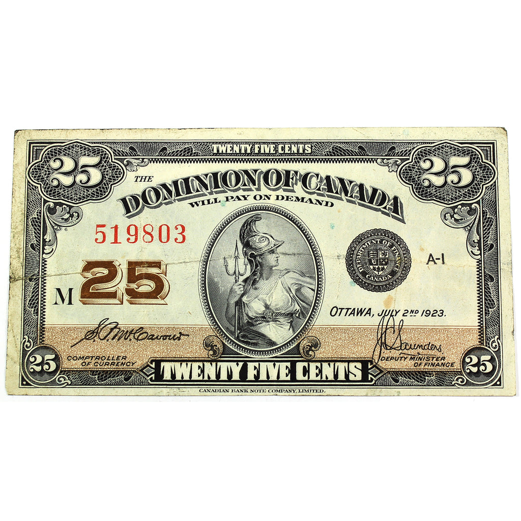DC-24c 1923 Dominion 25-cent Shinplaster, McCavour-Saunders, VF-EF (VF30) Dirt