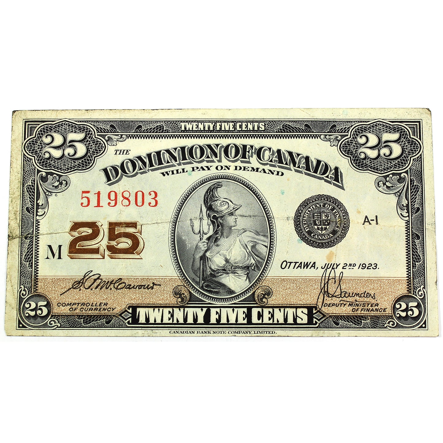 DC-24c 1923 Dominion 25-cent Shinplaster, McCavour-Saunders, VF-EF (VF30) Dirt