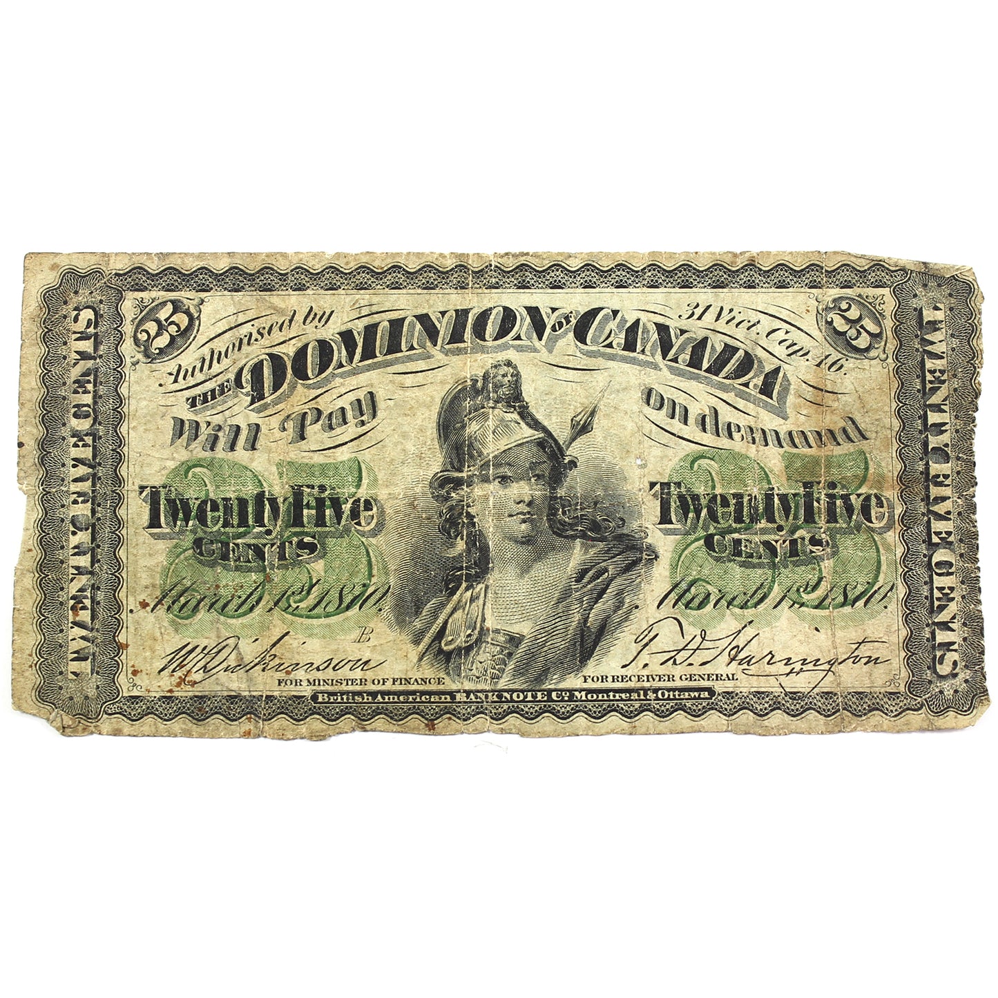 DC-1b-I 1870 Dominion 25-cent Shinplaster, Dickinson-Harington, Small B, Fine (F12) Stain