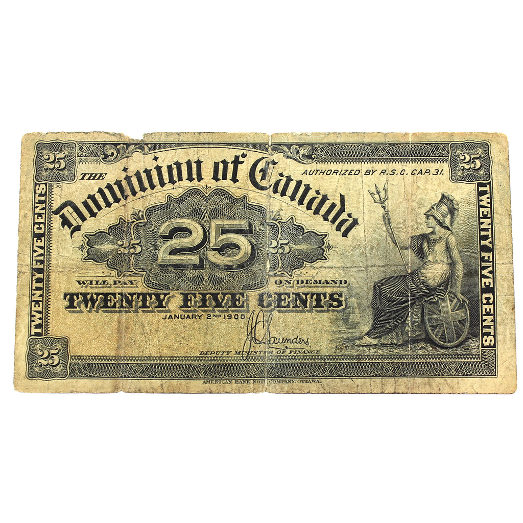 DC-15c 1900 Dominion of Canada 25-cent Shinplaster, Saunders, Fine (F12) Damaged