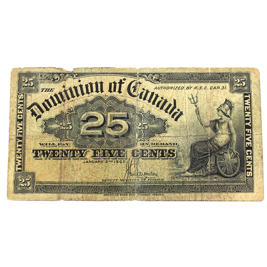 DC-15c 1900 Dominion of Canada 25-cent Shinplaster, Saunders, Fine (F12) Damaged