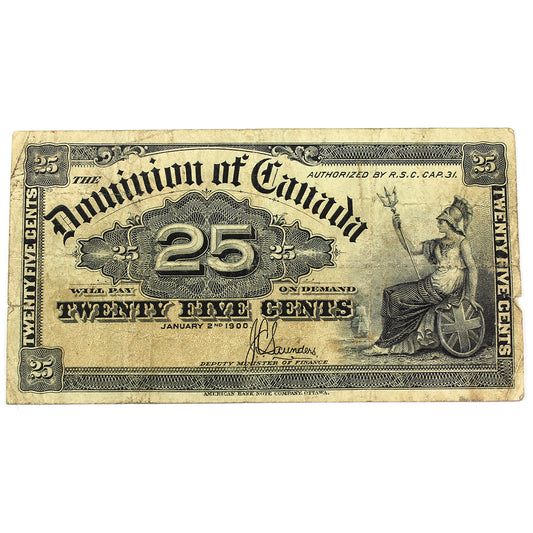 DC-15c 1900 Dominion of Canada 25-cent Shinplaster, Saunders, Fine (F12) Tears