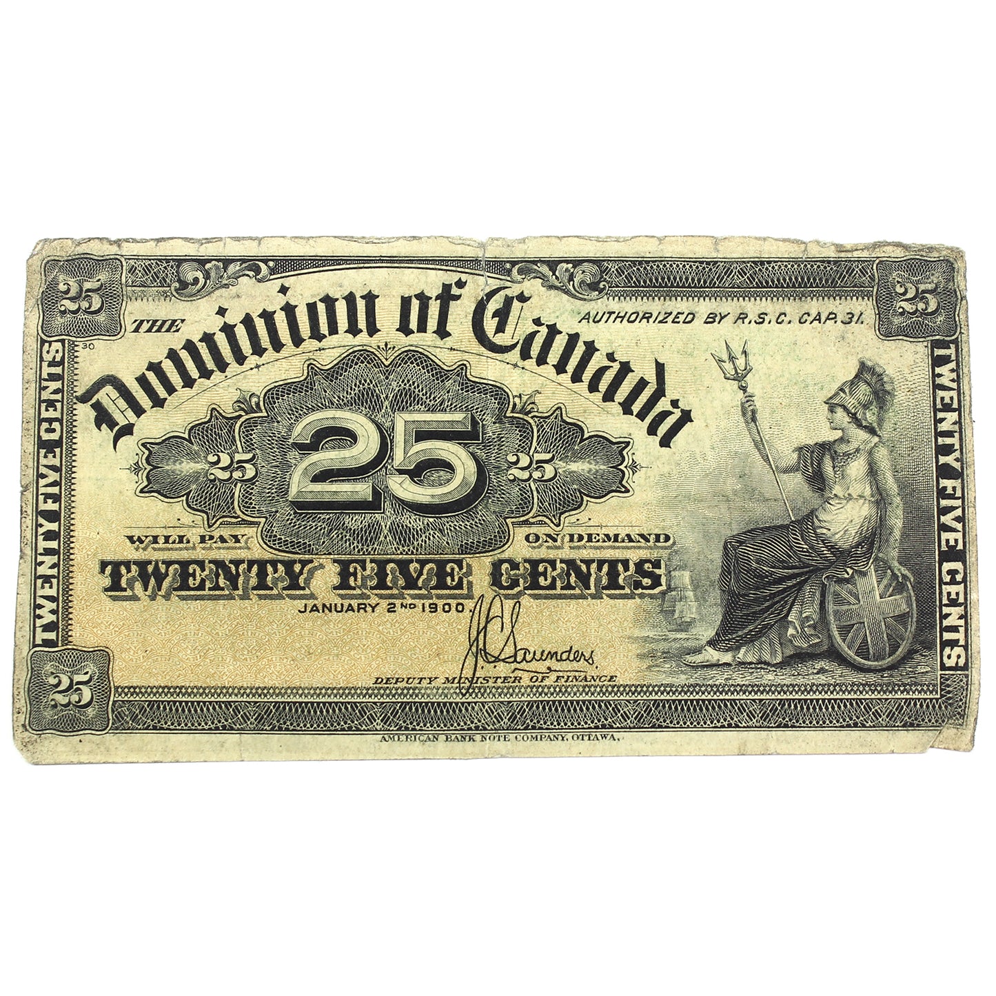 DC-15c 1900 Dominion of Canada 25-cent Shinplaster, Saunders, Very Fine (VF20) Damaged