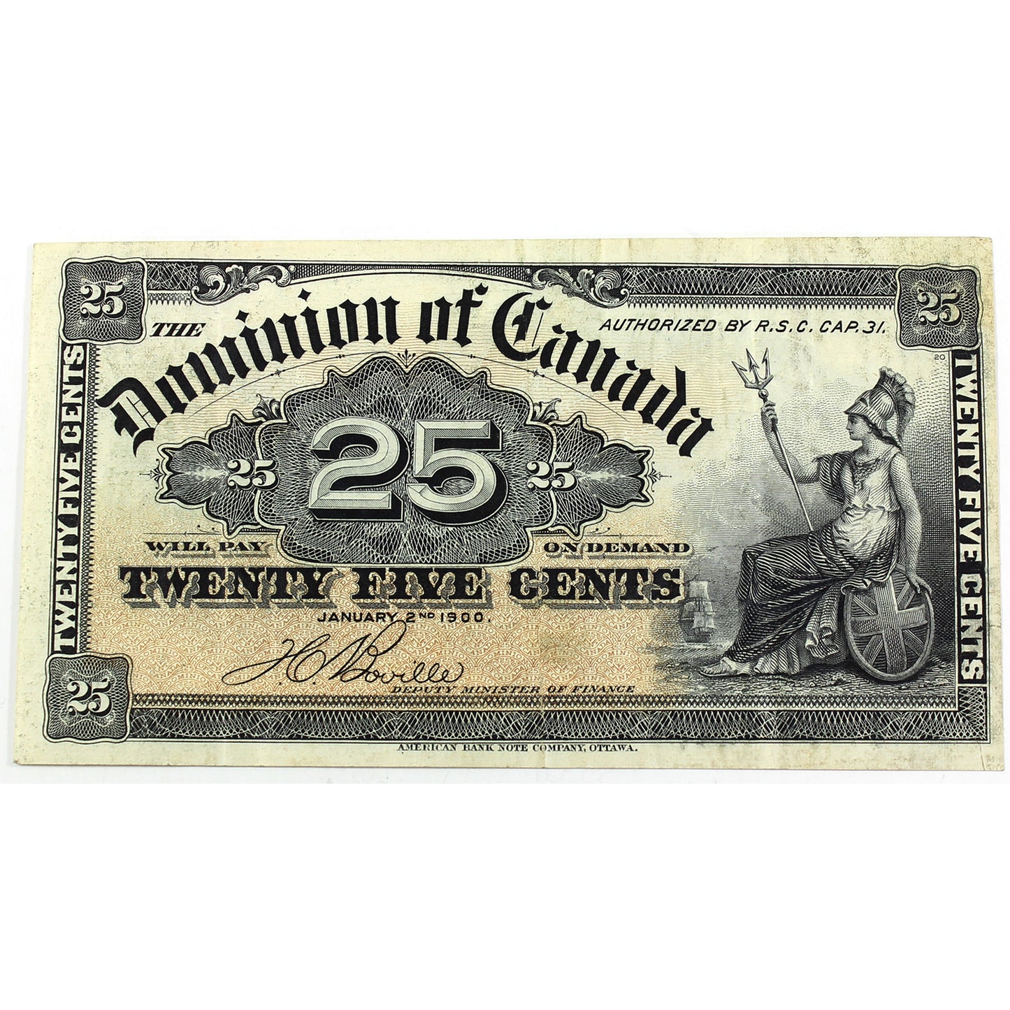 DC-15b 1900 Dominion of Canada 25-cent Shinplaster, Boville, VF-EF (VF30) Writing